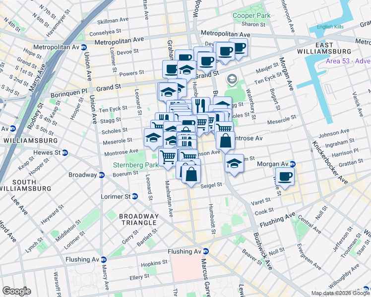 map of restaurants, bars, coffee shops, grocery stores, and more near 181 Montrose Avenue in Brooklyn