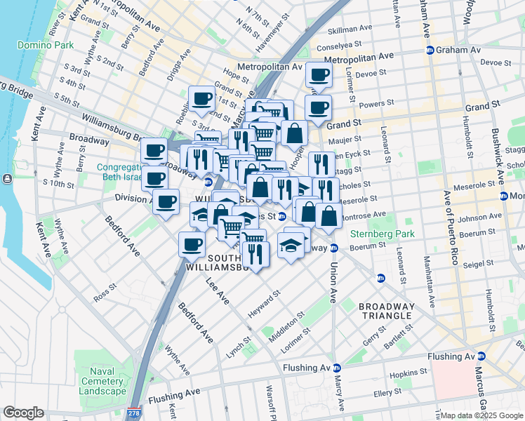 map of restaurants, bars, coffee shops, grocery stores, and more near 361 Broadway in Brooklyn