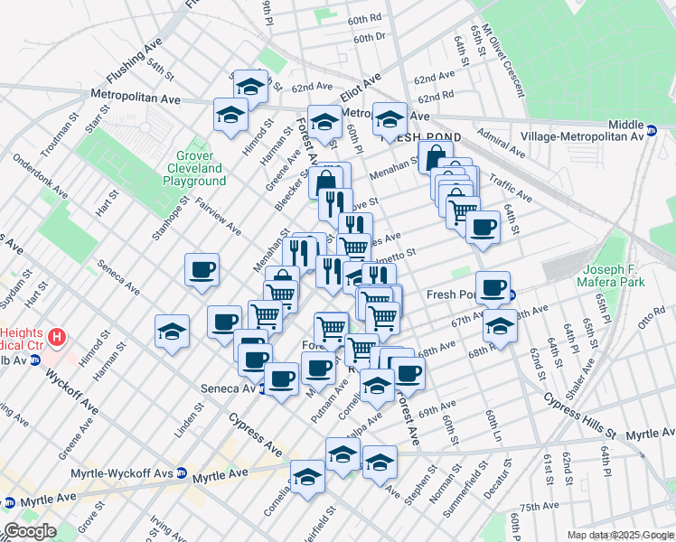 map of restaurants, bars, coffee shops, grocery stores, and more near in Queens