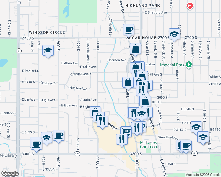 map of restaurants, bars, coffee shops, grocery stores, and more near 2952 Hudson Circle in Salt Lake City