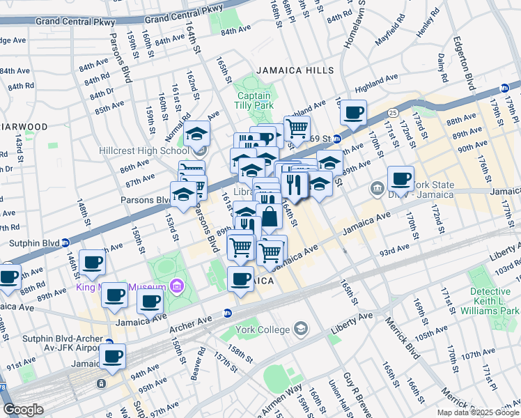 map of restaurants, bars, coffee shops, grocery stores, and more near 162-11 89th Avenue in Queens
