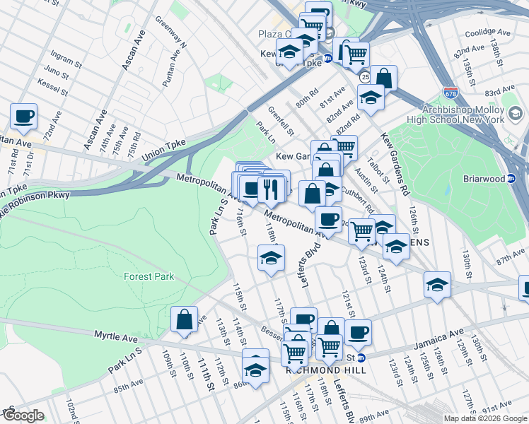 map of restaurants, bars, coffee shops, grocery stores, and more near 83-60 118th Street in Queens