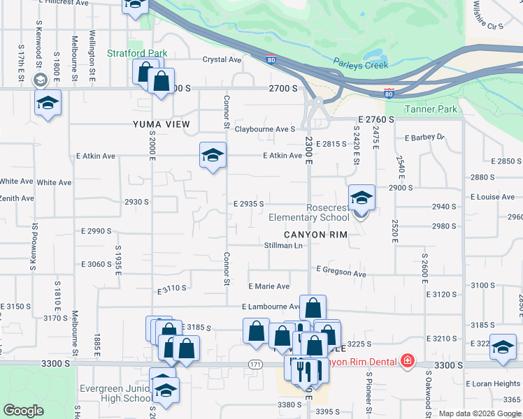 map of restaurants, bars, coffee shops, grocery stores, and more near 2184 Fisher Lane in Salt Lake City