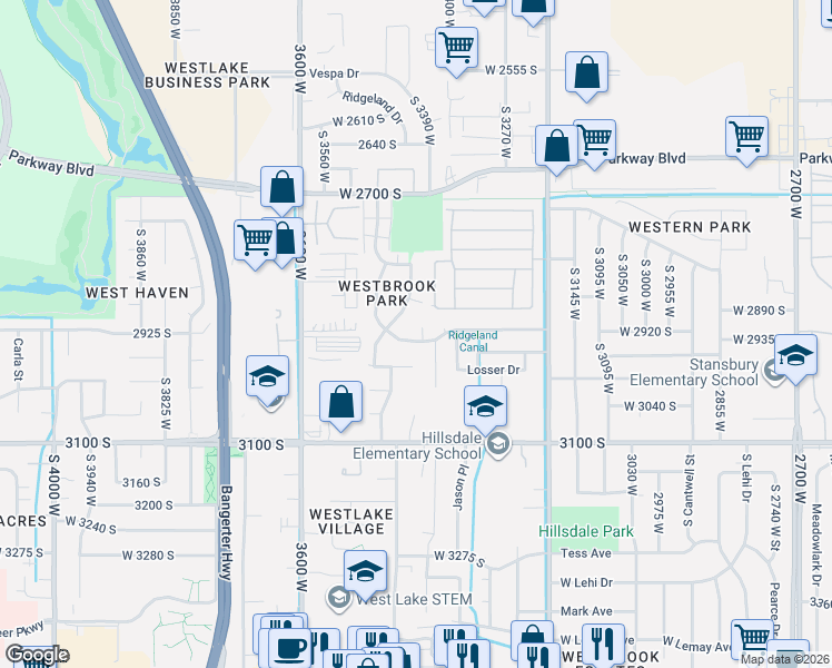 map of restaurants, bars, coffee shops, grocery stores, and more near 3380 Brookway Drive in West Valley City