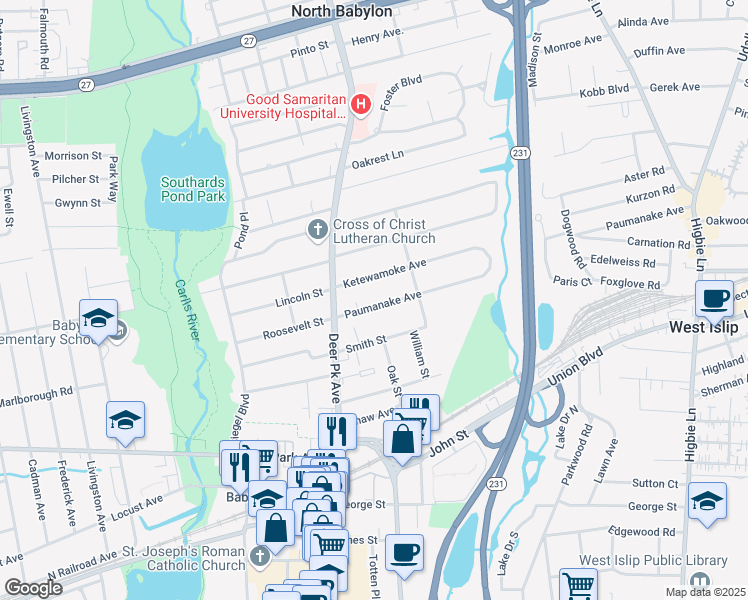map of restaurants, bars, coffee shops, grocery stores, and more near 49 Paumanake Avenue in Babylon