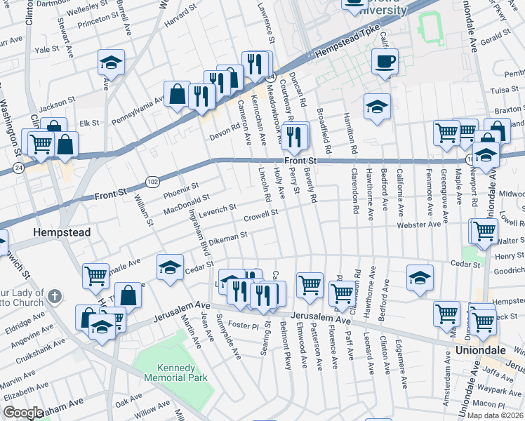 map of restaurants, bars, coffee shops, grocery stores, and more near 179 Crowell Street in Hempstead