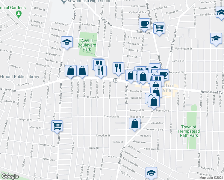 map of restaurants, bars, coffee shops, grocery stores, and more near 45 Catherine Avenue in Franklin Square