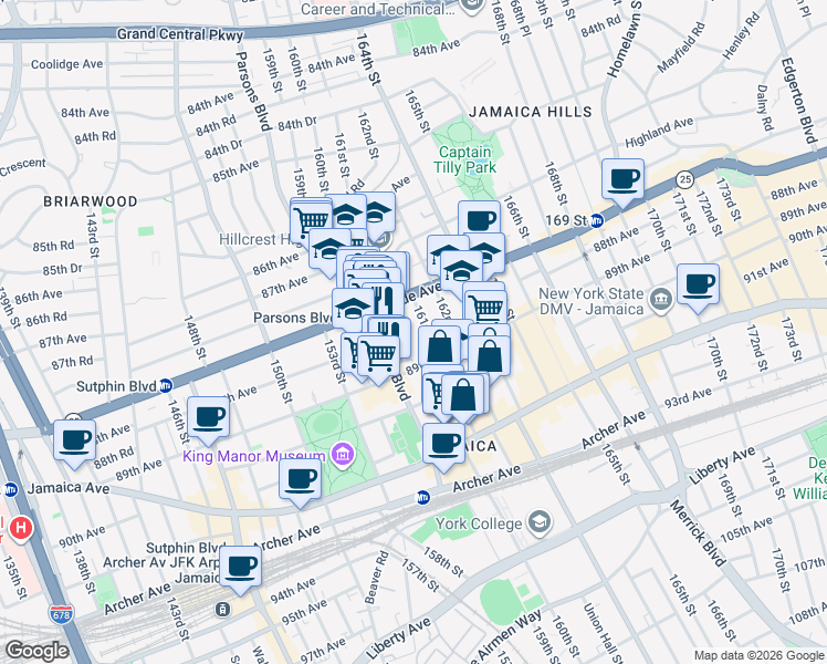 map of restaurants, bars, coffee shops, grocery stores, and more near 159-19 88th Avenue in Queens