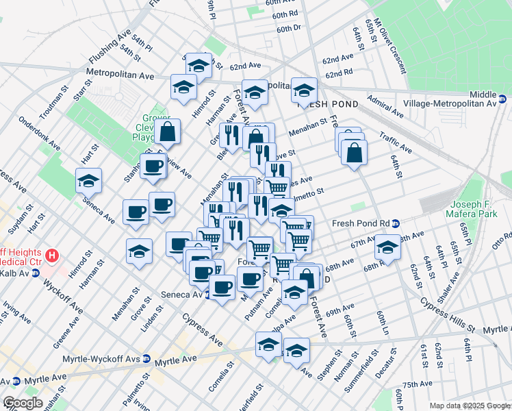 map of restaurants, bars, coffee shops, grocery stores, and more near 20-41 Gates Avenue in Queens