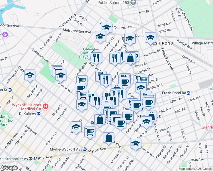 map of restaurants, bars, coffee shops, grocery stores, and more near 2 Saint Johns Road in Queens