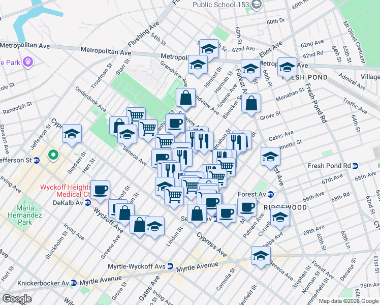 map of restaurants, bars, coffee shops, grocery stores, and more near 5-16 Woodward Avenue in Queens