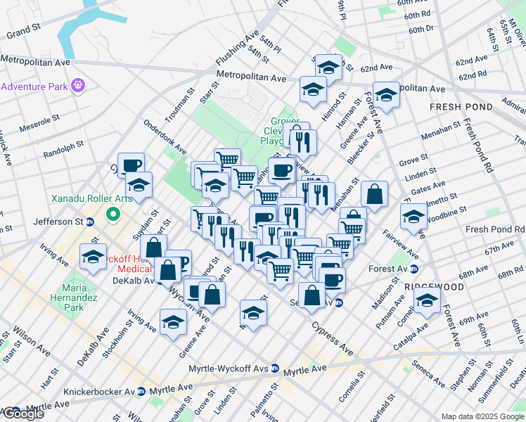 map of restaurants, bars, coffee shops, grocery stores, and more near 456 Onderdonk Avenue in Queens