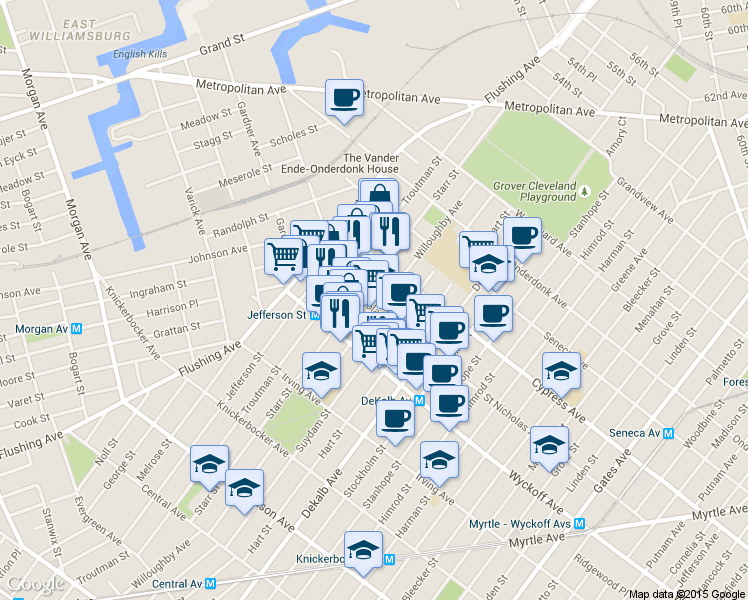 map of restaurants, bars, coffee shops, grocery stores, and more near 1390 Willoughby Avenue in Brooklyn