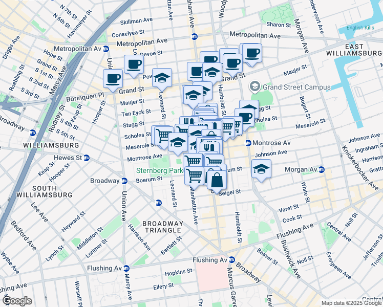 map of restaurants, bars, coffee shops, grocery stores, and more near 138 Montrose Avenue in Brooklyn