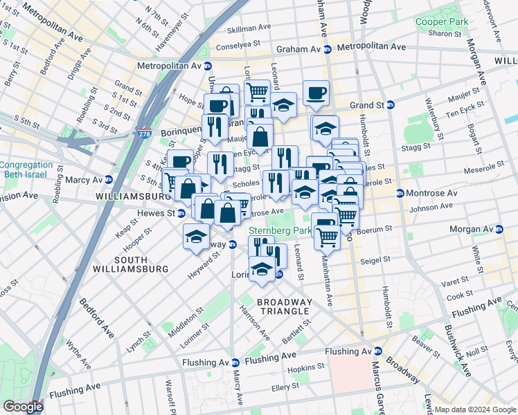 map of restaurants, bars, coffee shops, grocery stores, and more near in Brooklyn