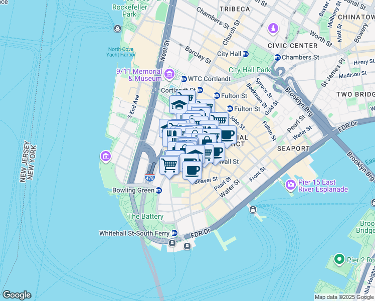map of restaurants, bars, coffee shops, grocery stores, and more near 26 Rector Street in New York