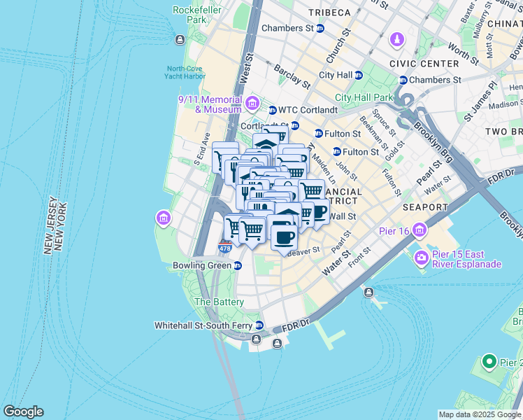 map of restaurants, bars, coffee shops, grocery stores, and more near 61 Canyon of Heroes in New York