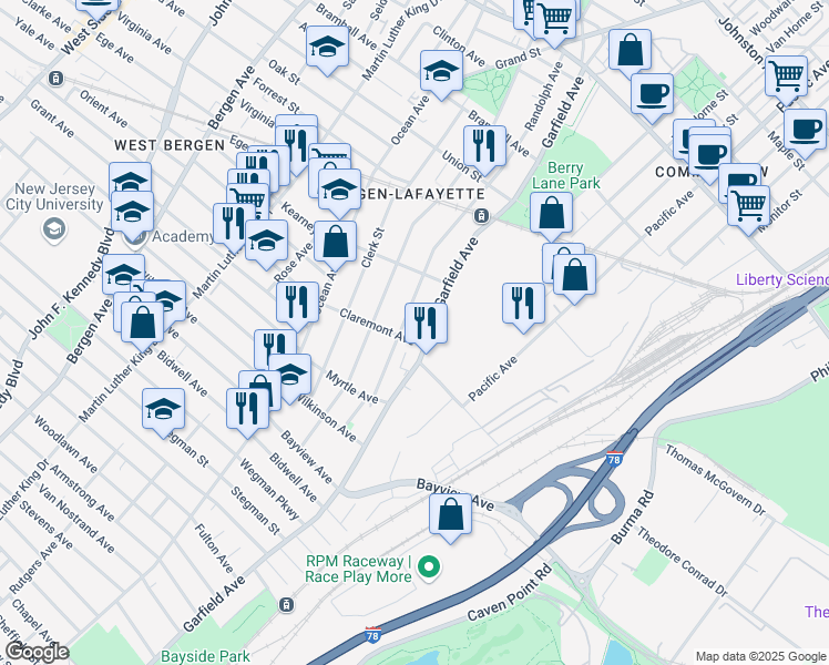 map of restaurants, bars, coffee shops, grocery stores, and more near 2 Claremont Avenue in Jersey City