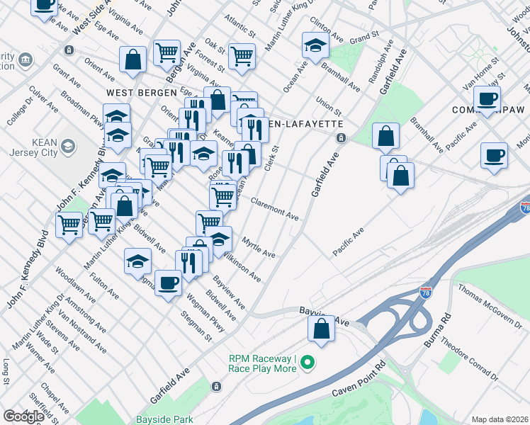map of restaurants, bars, coffee shops, grocery stores, and more near 102 Clerk Street in Jersey City