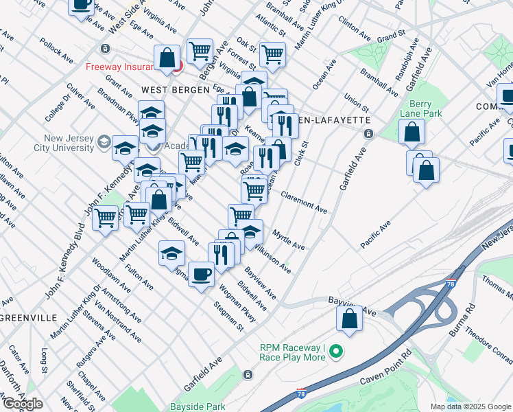 map of restaurants, bars, coffee shops, grocery stores, and more near 604 Ocean Avenue in Jersey City