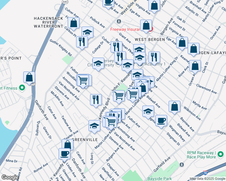 map of restaurants, bars, coffee shops, grocery stores, and more near 1974 John F. Kennedy Boulevard in Jersey City