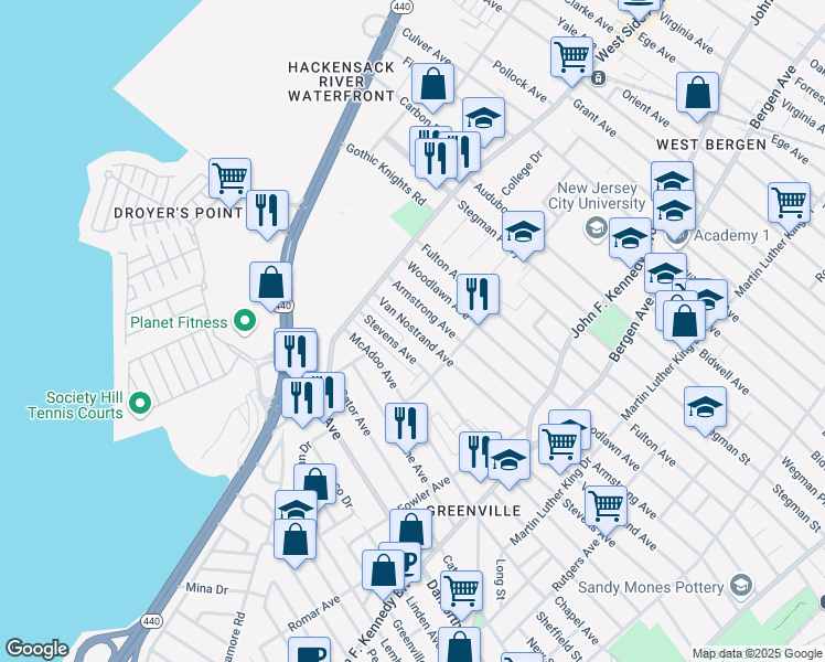map of restaurants, bars, coffee shops, grocery stores, and more near 304A Stevens Avenue in Jersey City