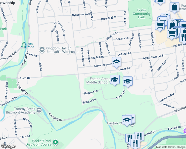 map of restaurants, bars, coffee shops, grocery stores, and more near 724 Arndt Road in Easton