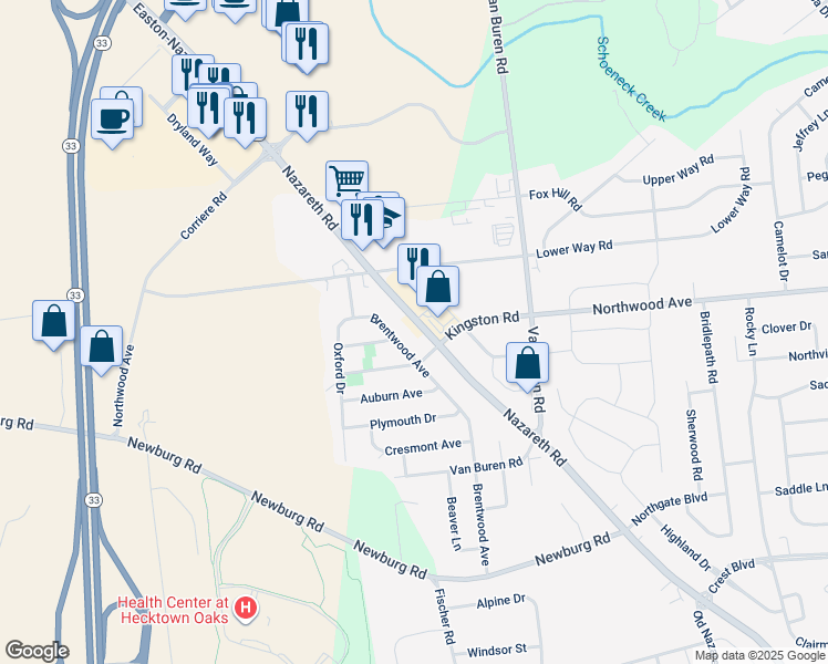 map of restaurants, bars, coffee shops, grocery stores, and more near 205 Brentwood Avenue in Easton