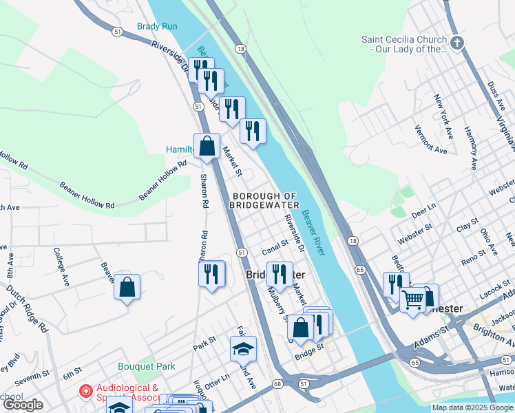 map of restaurants, bars, coffee shops, grocery stores, and more near in Bridgewater