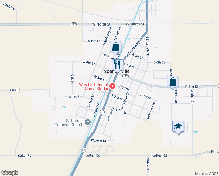 map of restaurants, bars, coffee shops, grocery stores, and more near 100 East 3rd Street in Spencerville