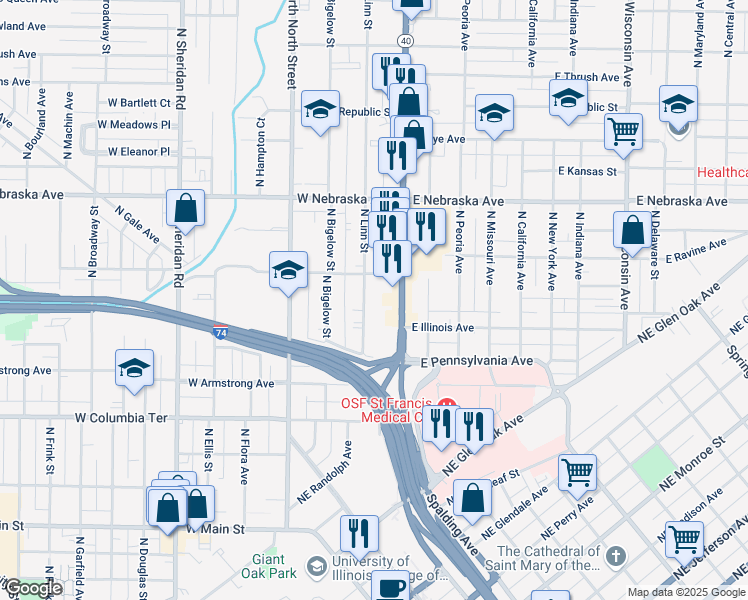 map of restaurants, bars, coffee shops, grocery stores, and more near 1604 N Linn St in Peoria