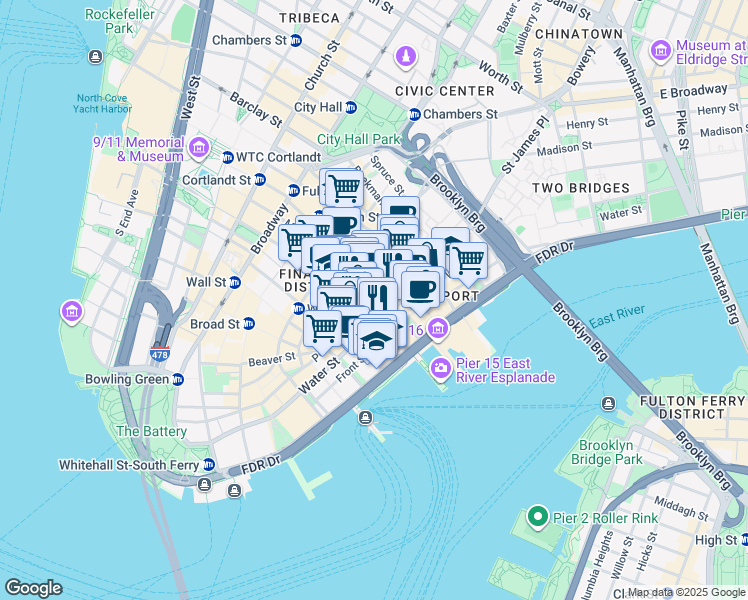 map of restaurants, bars, coffee shops, grocery stores, and more near 135 John Street in New York