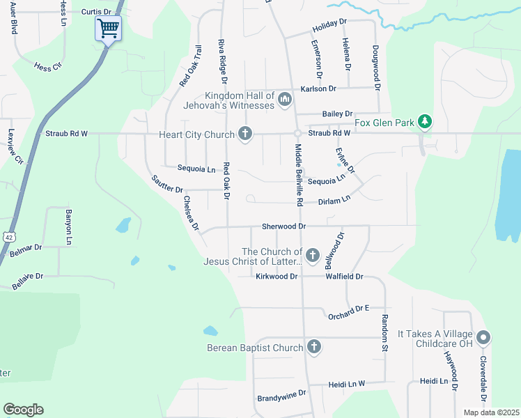 map of restaurants, bars, coffee shops, grocery stores, and more near 647 Dirlam Lane in Mansfield
