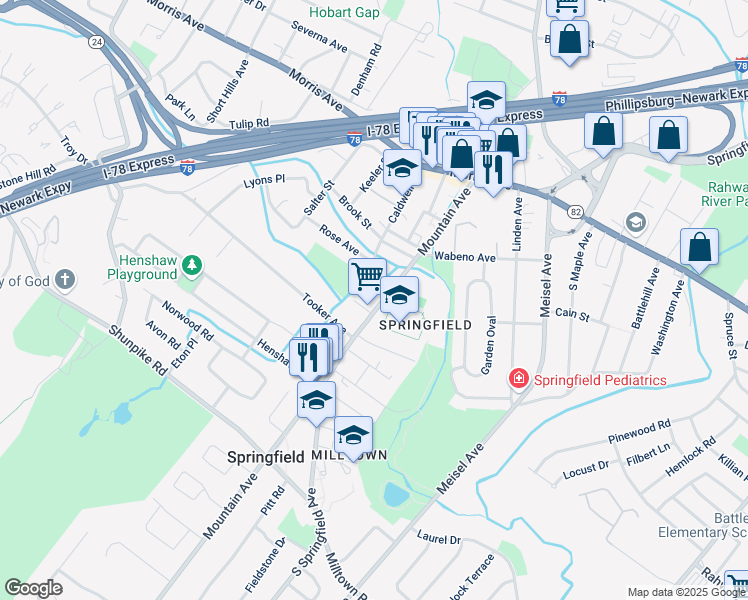 map of restaurants, bars, coffee shops, grocery stores, and more near 154 Mountain Avenue in Springfield
