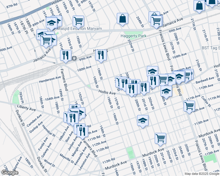 map of restaurants, bars, coffee shops, grocery stores, and more near 104-36 197th Street in Queens