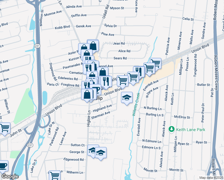 map of restaurants, bars, coffee shops, grocery stores, and more near 351 Union Boulevard in West Islip