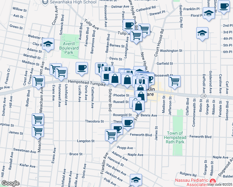map of restaurants, bars, coffee shops, grocery stores, and more near 1078 Phoebe Street in Franklin Square