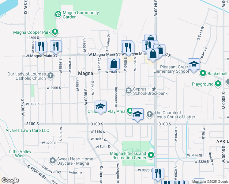 map of restaurants, bars, coffee shops, grocery stores, and more near 2924 Buccaneer Drive in Magna