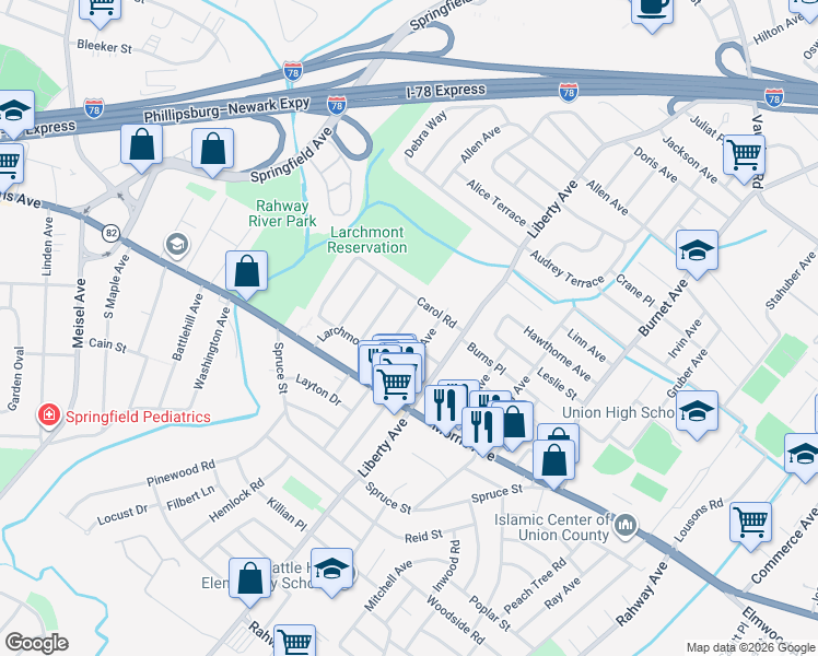 map of restaurants, bars, coffee shops, grocery stores, and more near 1069 Kensington Terrace in Union