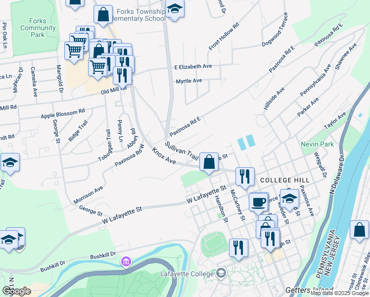 map of restaurants, bars, coffee shops, grocery stores, and more near 1101 Sullivan Trail in Easton
