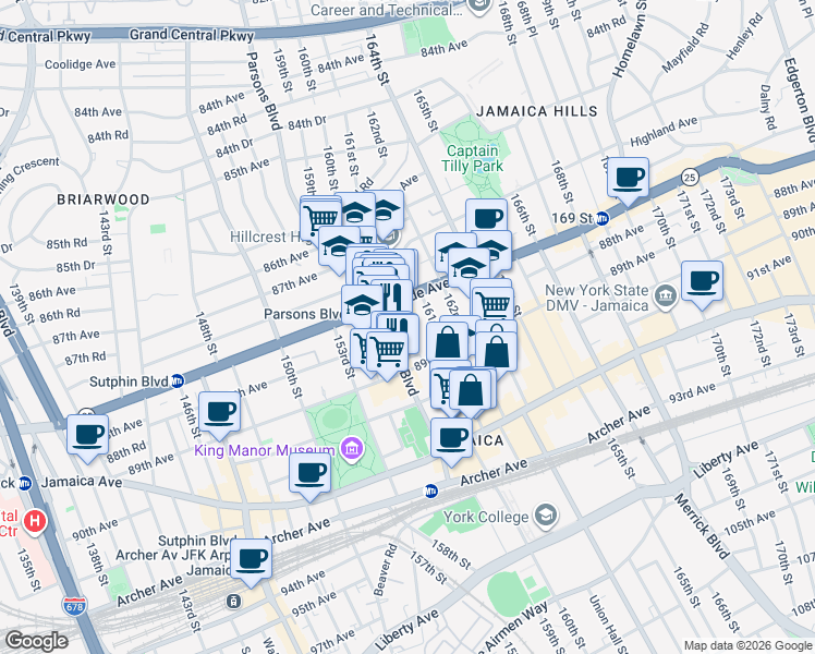 map of restaurants, bars, coffee shops, grocery stores, and more near 159-19 88th Avenue in Queens