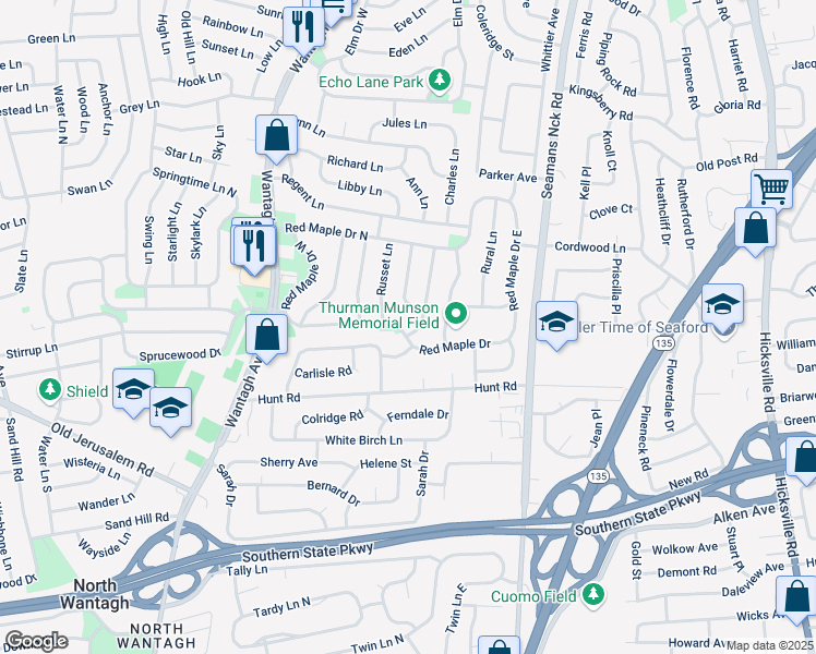 map of restaurants, bars, coffee shops, grocery stores, and more near 292 Red Maple Drive South in Wantagh
