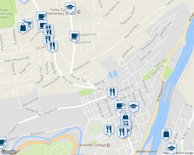 map of restaurants, bars, coffee shops, grocery stores, and more near 205 East Fairfield Avenue in Easton