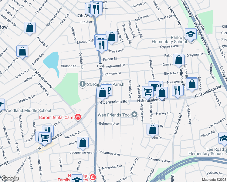 map of restaurants, bars, coffee shops, grocery stores, and more near 2508 Poppy Street in East Meadow
