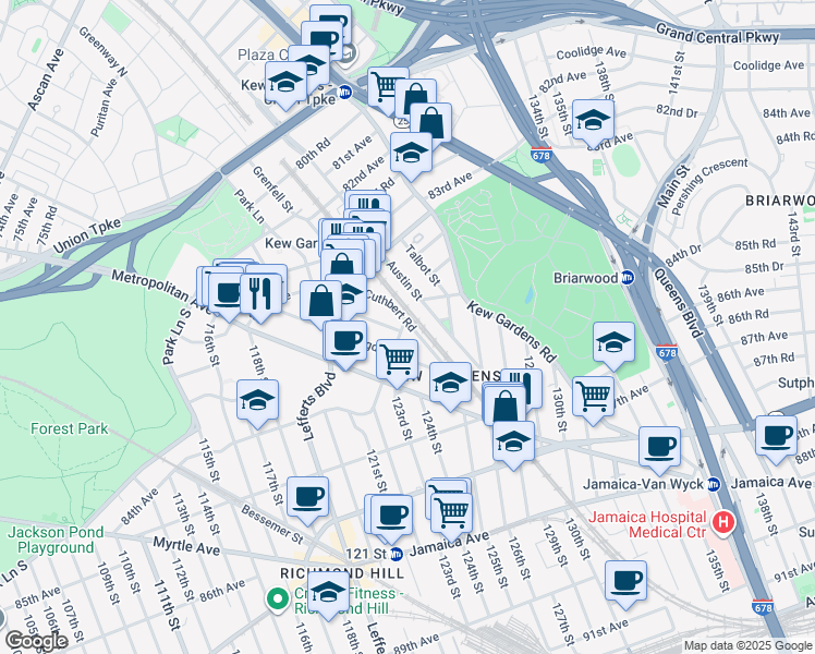 map of restaurants, bars, coffee shops, grocery stores, and more near in Queens