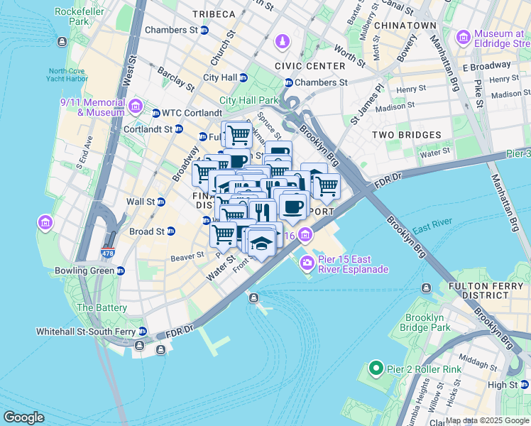 map of restaurants, bars, coffee shops, grocery stores, and more near 135 John Street in New York