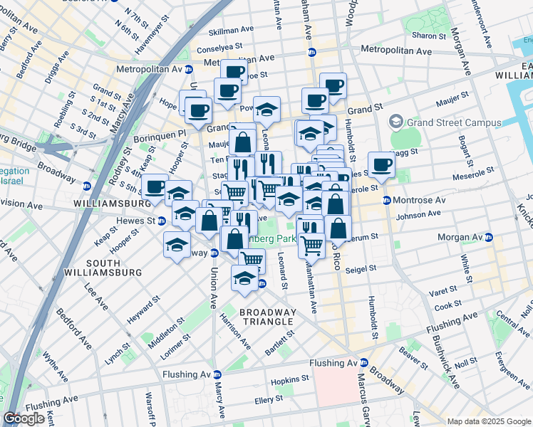 map of restaurants, bars, coffee shops, grocery stores, and more near 71 Montrose Avenue in Brooklyn