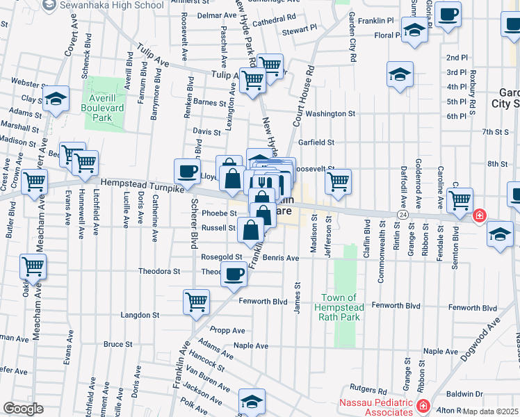 map of restaurants, bars, coffee shops, grocery stores, and more near 989 Hempstead Turnpike in Franklin Square
