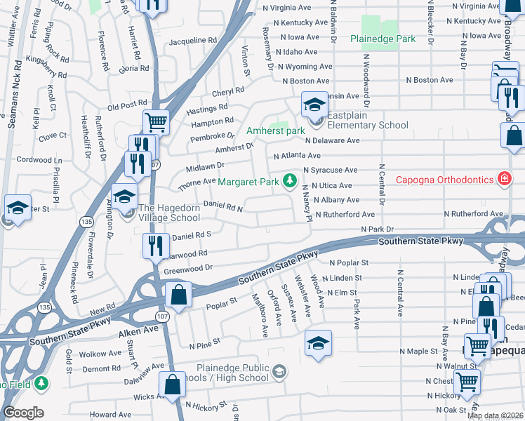 map of restaurants, bars, coffee shops, grocery stores, and more near 191 Daniel Road North in Massapequa