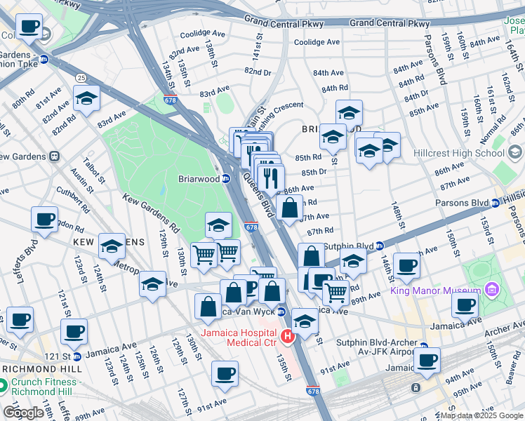 map of restaurants, bars, coffee shops, grocery stores, and more near 138-50 Queens Boulevard in Queens